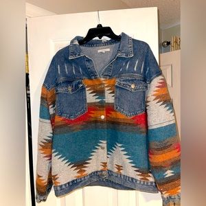 Veveret denim shacket with knitted aztec print. Size Large